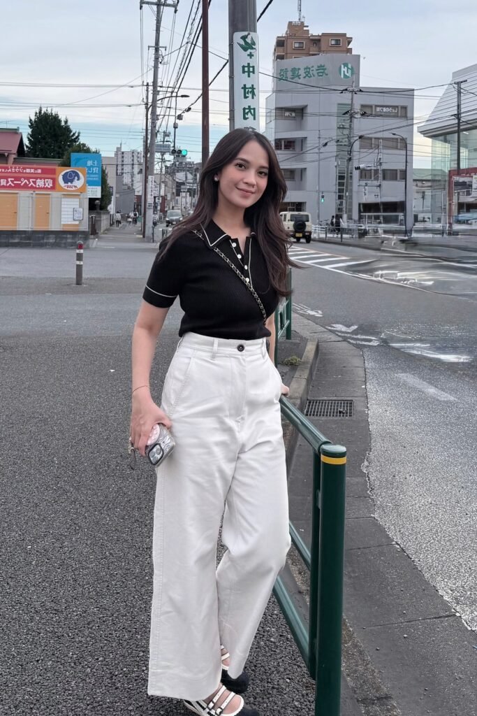 Black Knit Polo Shirt + White Wide Leg Pants + Black and White Mary Jane Shoes