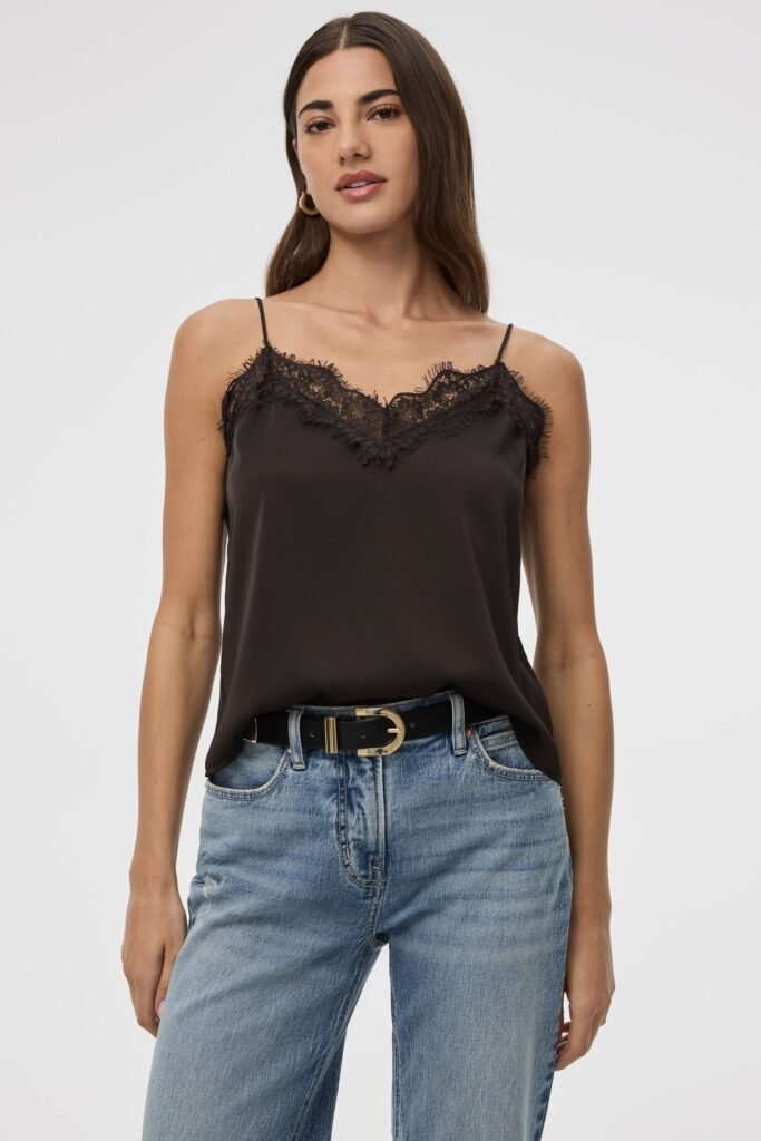 Black Lace Cami + Blue Straight Leg Jeans + Black Leather Belt