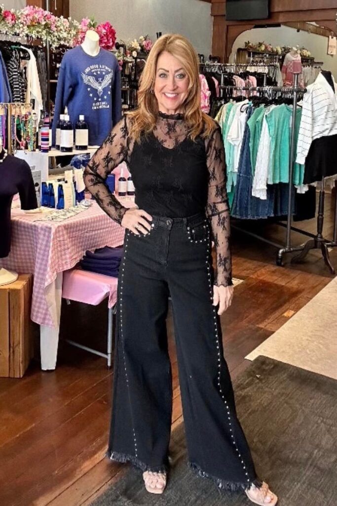 Black Lace Long Sleeve Top + Black Studded Wide Leg Jeans + Nude Sandals