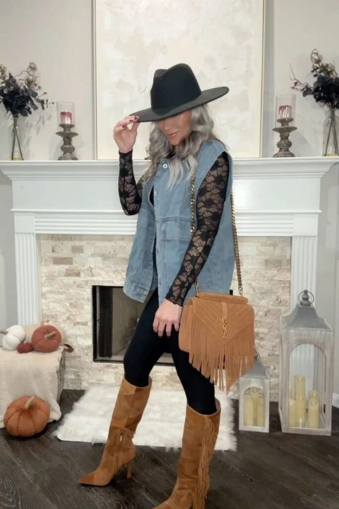 Black Lace Long Sleeve Top + Light Wash Denim Vest + Black Leggings + Tan Fringed Suede Boots