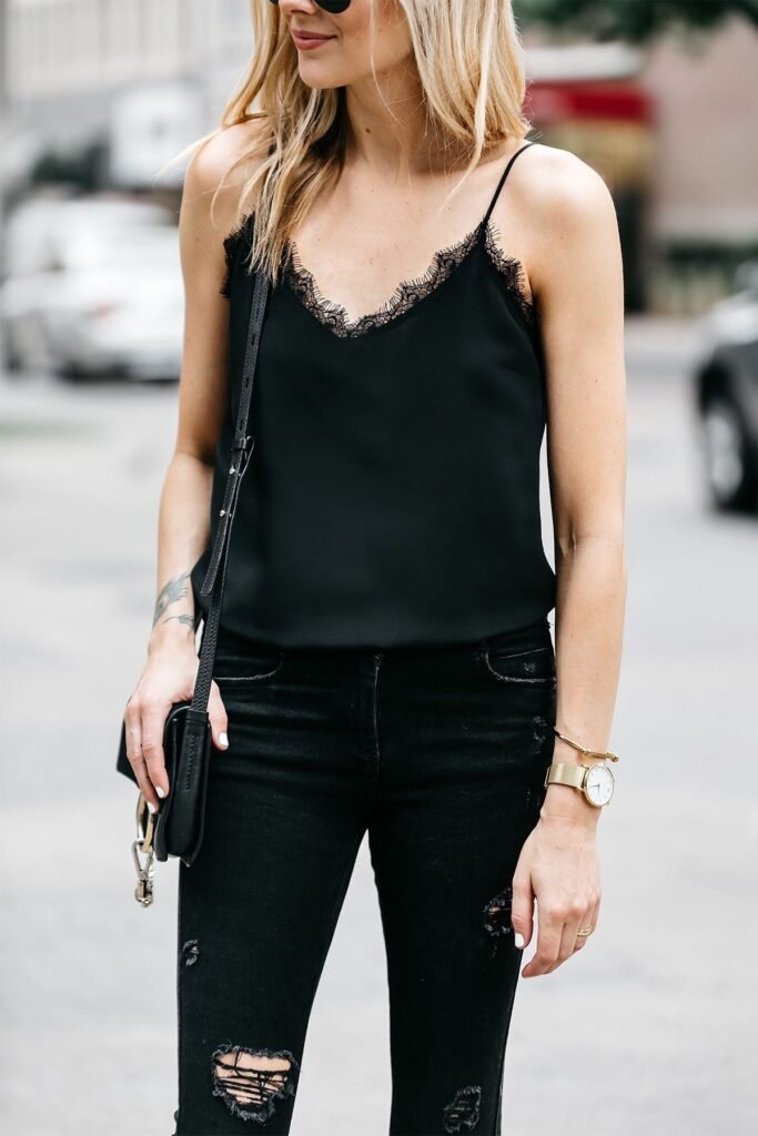 Black Lace Trim Cami + Distressed Black Skinny Jeans + Gold Accessories