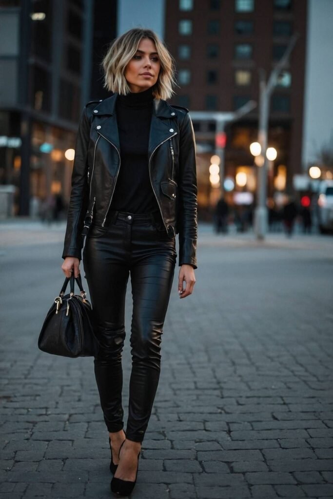 Black Leather Biker Jacket + Black Turtleneck Top + Black Leather Skinny Pants + Black Pointed Heels