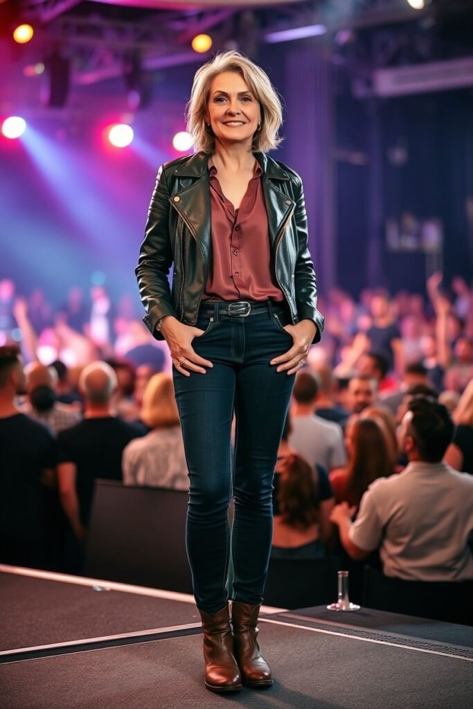 Black Leather Biker Jacket + Burgundy Silk Blouse + Dark Wash Skinny Jeans + Brown Leather Ankle Boots