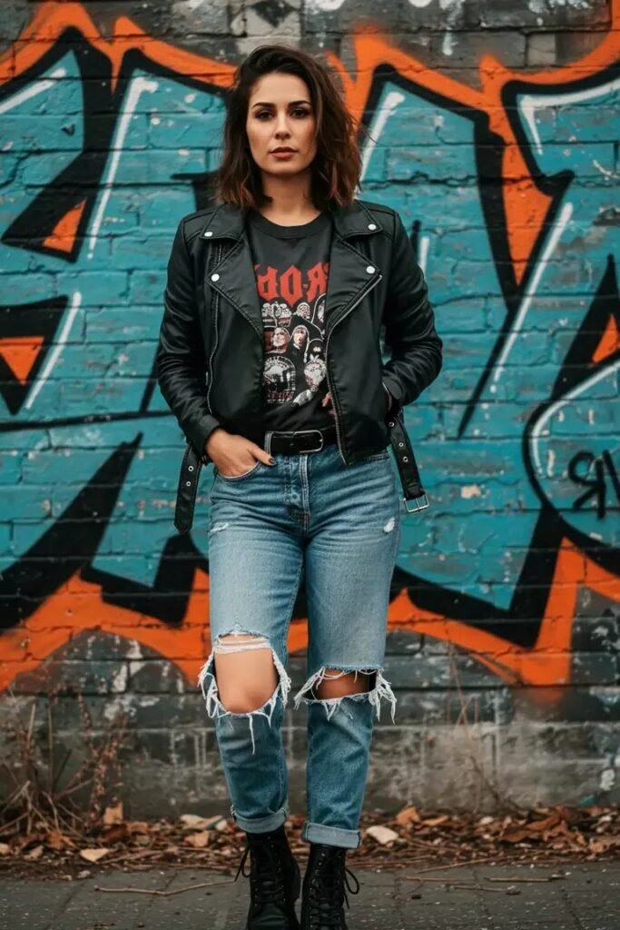 Black Leather Biker Jacket + Graphic Band T Shirt + Ripped Blue Mom Jeans + Black Lace Up Boots
