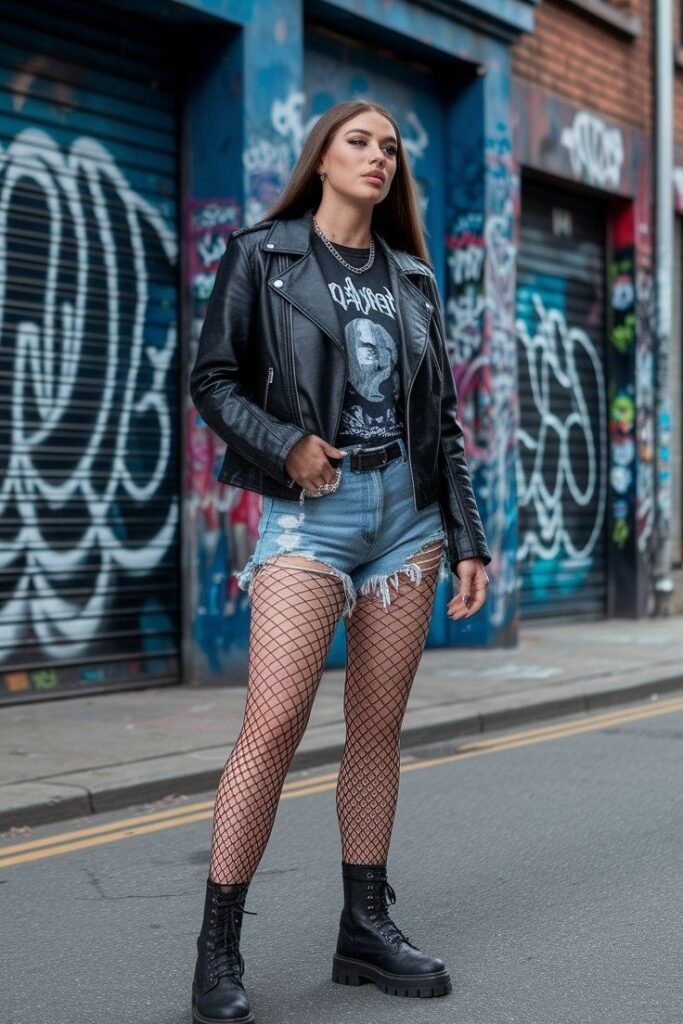 Black Leather Jacket + Black Graphic T Shirt + Distressed Denim Shorts + Fishnet Tights + Black Platform Boots
