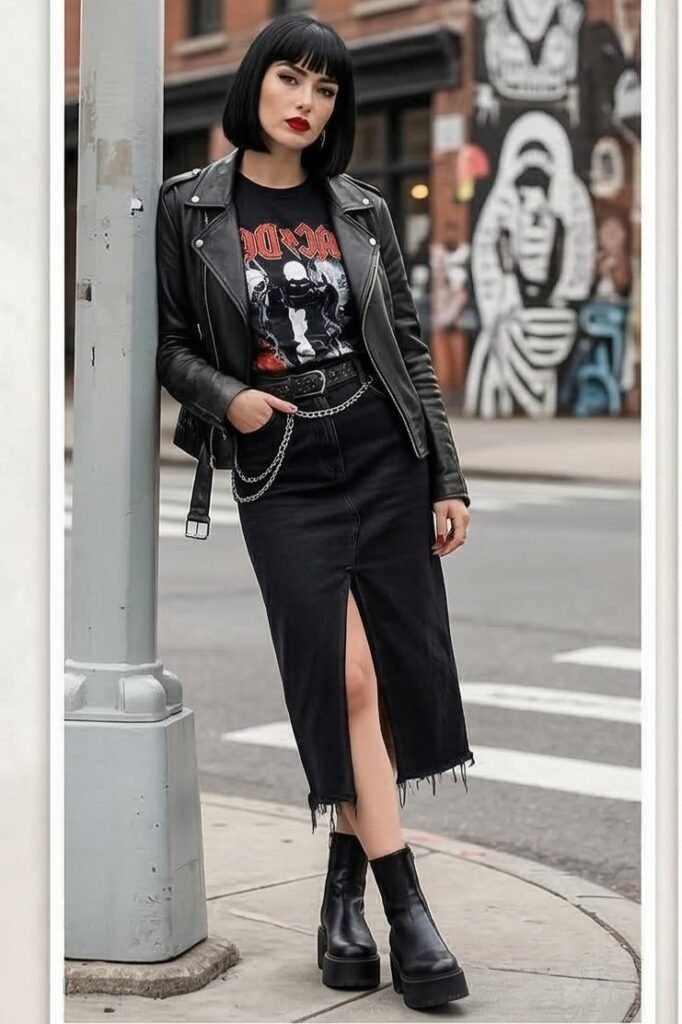 Black Leather Jacket + Black Midi Skirt + White Sneakers