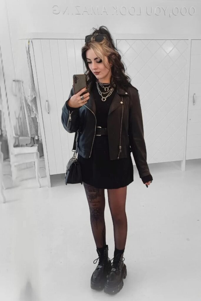 Black Leather Jacket + Black Mini Dress + Black Platform Boots