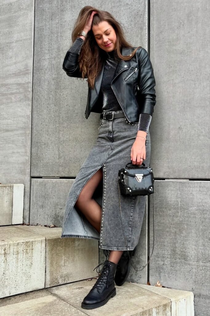 Black Leather Jacket + Grey Denim Maxi Skirt + Black Lace Up Boots