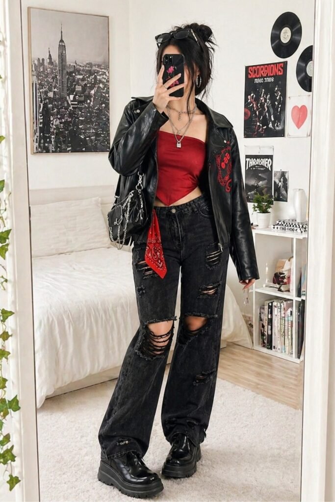 Black Leather Jacket + Red Asymmetrical Corset Top + Distressed Black Jeans + Black Platform Shoes