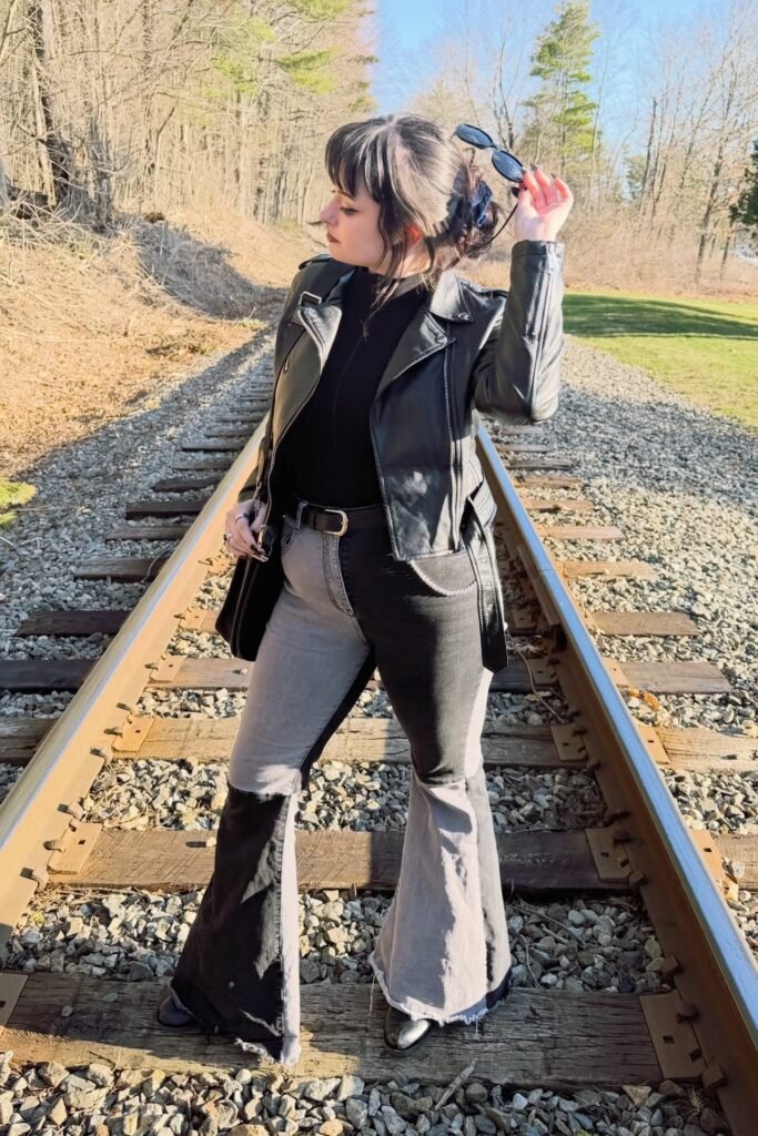 Black Leather Jacket + Two Tone Grey and Black Flared Jeans + Black Boots