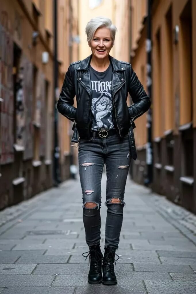 Black Leather Moto Jacket + Graphic Tee + Distressed Grey Skinny Jeans
