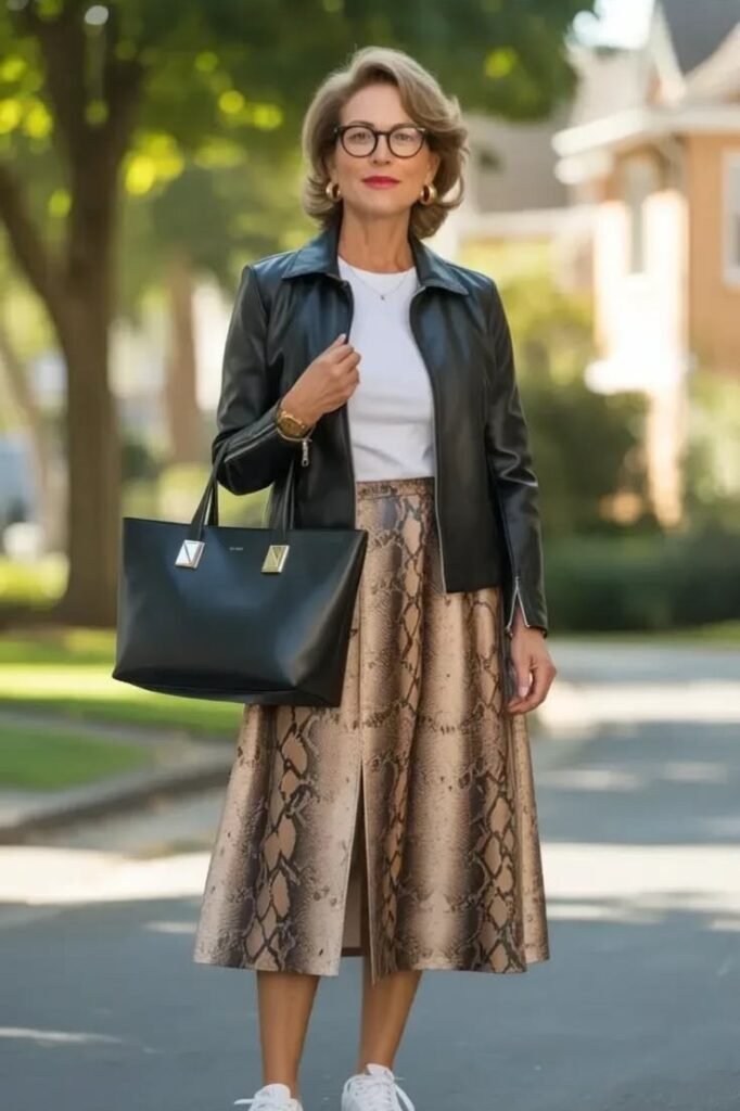 Black Leather Moto Jacket + Snakeskin Print Midi Skirt + White Sneakers