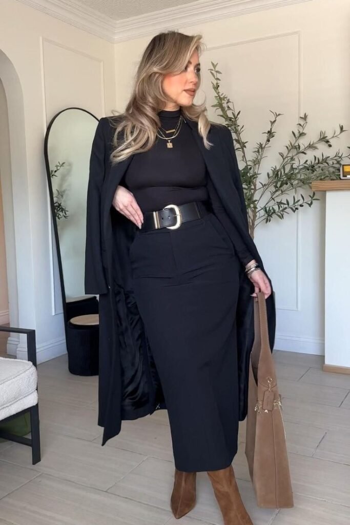 Black Long Coat + Black Turtleneck + Black Maxi Skirt + Black Belt + Brown Suede Boots