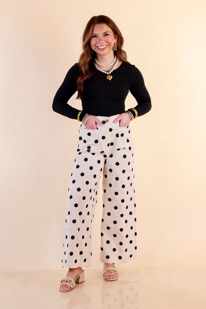 Black Long Sleeve Crew Neck + Cream Polka Dot Wide Leg Pants + Beige Chain Slides
