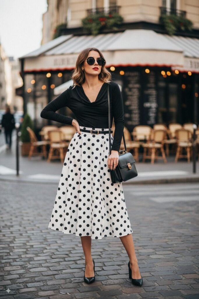 Black Long Sleeve Draped Top + Polka Dot Midi Skirt + Black Round Sunglasses + Black Pumps