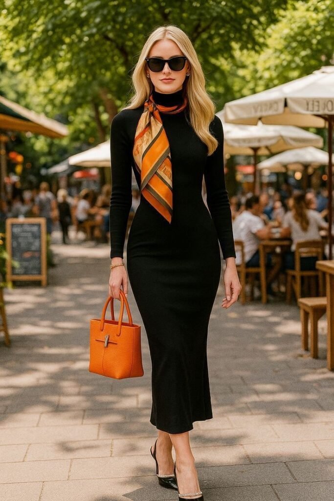 Black Long Sleeve Midi Dress + Orange Striped Silk Scarf + Orange Tote Bag + Black Heels