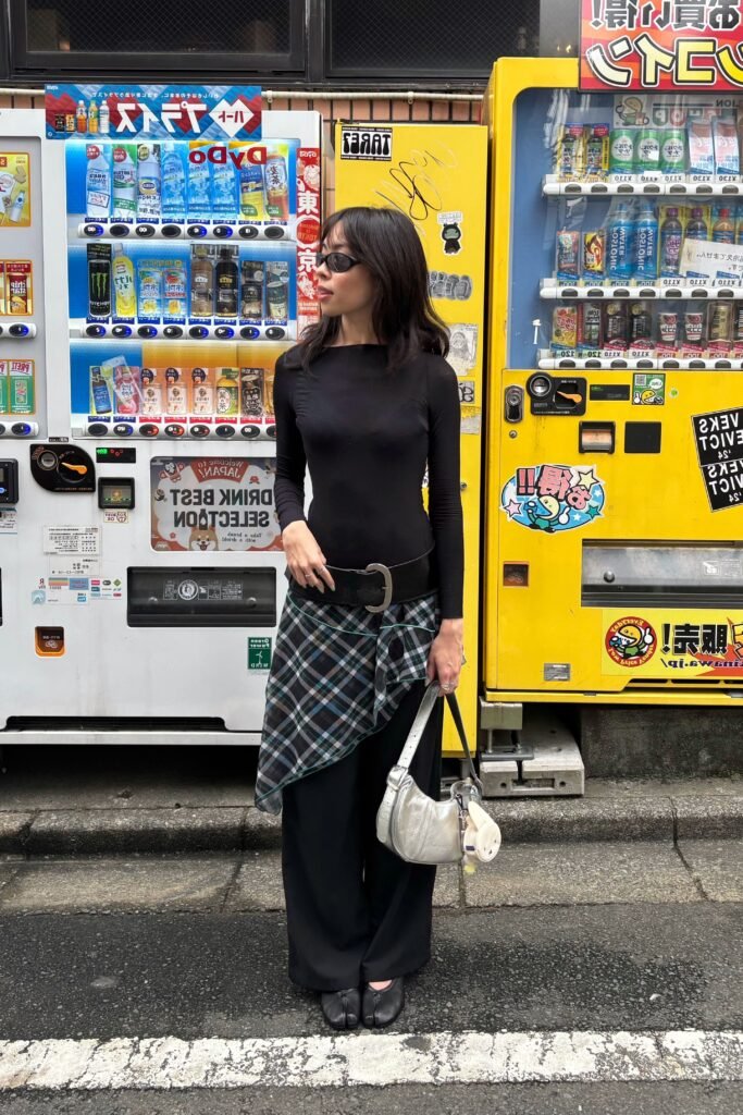 Black Long Sleeve Mock Neck Top + Asymmetrical Plaid Overlay + Wide Leg Black Pants + Black Tabi Shoes