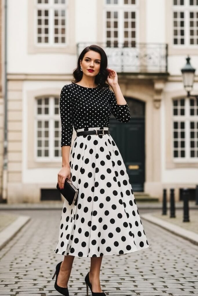 Black Long-Sleeve Polka Dot Top + White Large Polka Dot Skirt + Black Pointed Stilettos