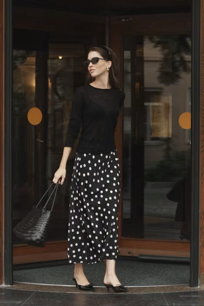 Black Long Sleeve Sheer Top + Black Polka Dot Silk Skirt + Black Pointed Toe Mules