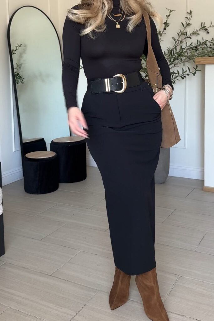 Black Long Sleeve Top + Black Maxi Skirt + Brown Suede Ankle Boots