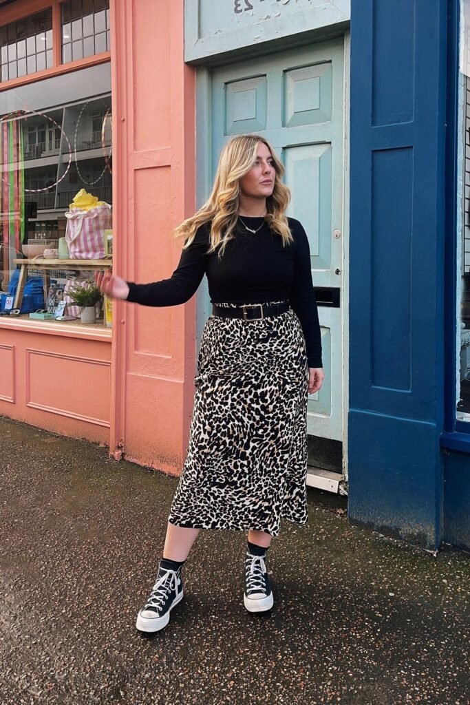 Black Long Sleeve Top + Leopard Print Midi Skirt + Black High Top Sneakers