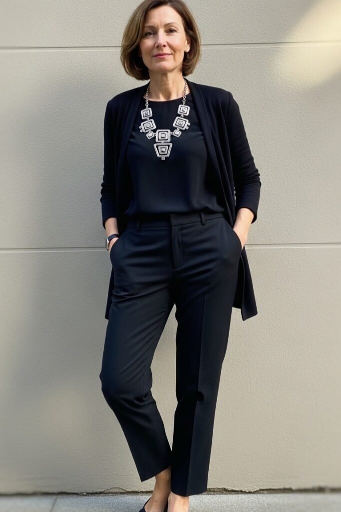 Black Longline Cardigan + Black Blouse + Black Slim Fit Trousers + Statement Silver Necklace