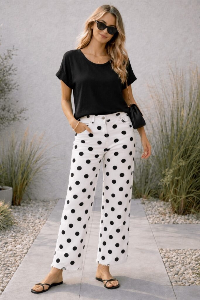 Black Loose Fit T Shirt + White Straight Leg Polka Dot Jeans + Black Strappy Flat Sandals