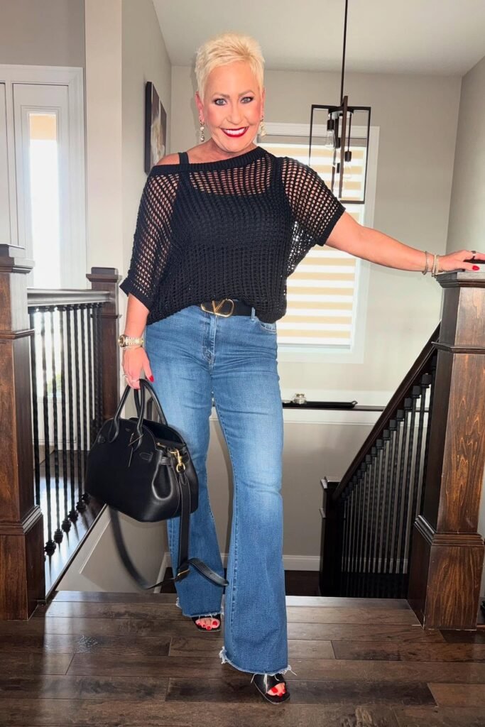 Black Mesh Pullover + Blue Flared Jeans + Black Belt + Black Sandals
