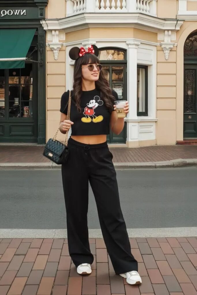 Black Mickey Mouse Crop Top + Black Wide Leg Pants + White Sneakers