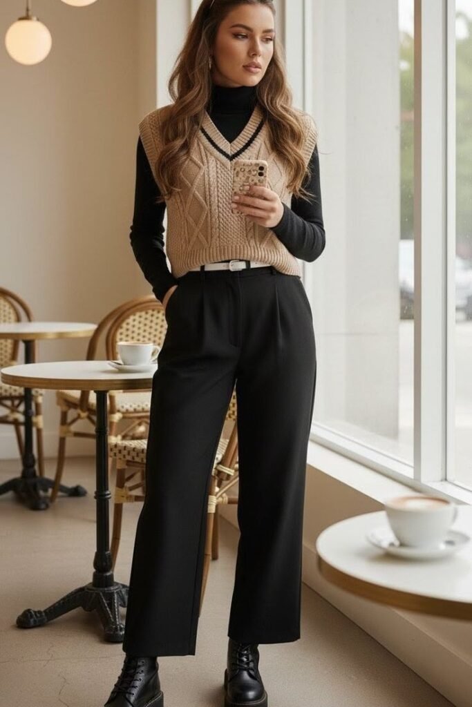 Black Mock Neck Top + Beige Cable Knit Vest + Black High Waisted Trousers + Black Combat Boots