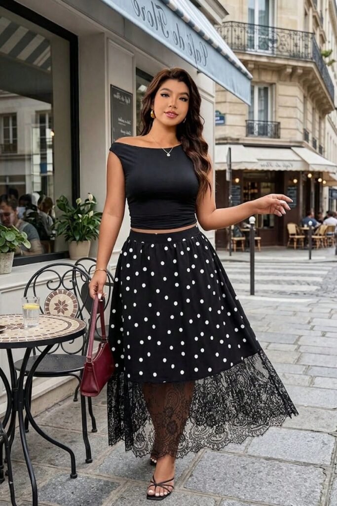 Black Off The Shoulder Crop Top + Polka Dot Skirt with Lace Hem + Black Strappy Sandals