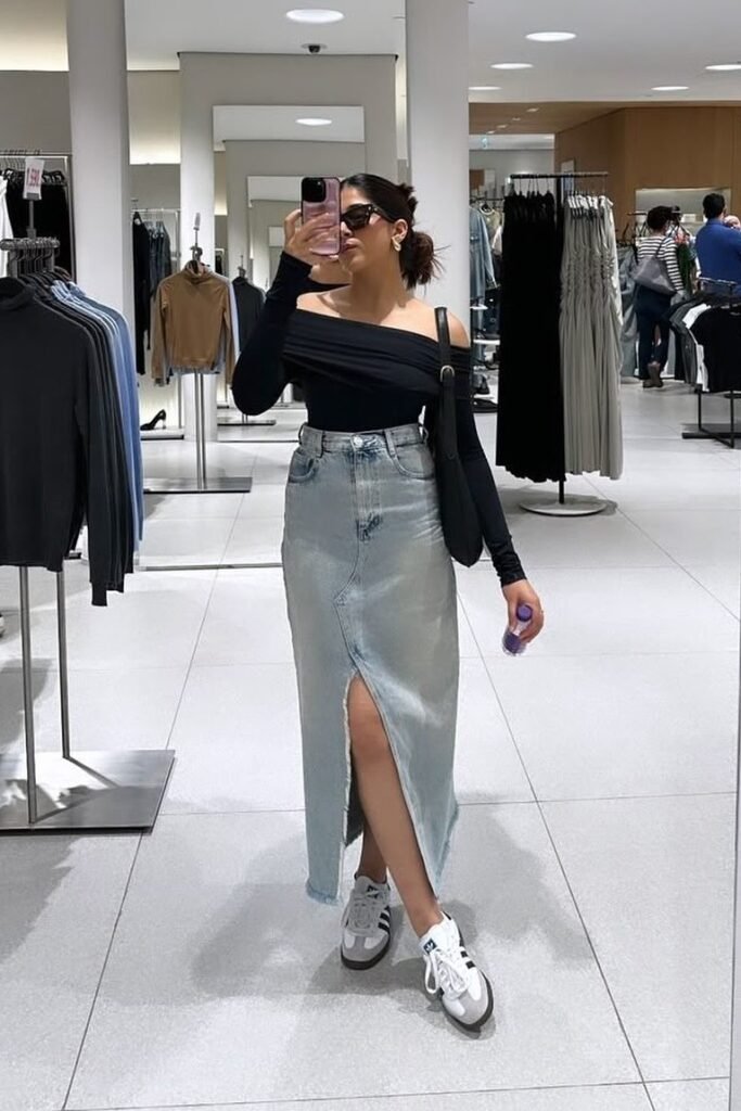 Black Off The Shoulder Long Sleeve Top + Light Wash Maxi Denim Skirt with Front Slit + White Sneakers