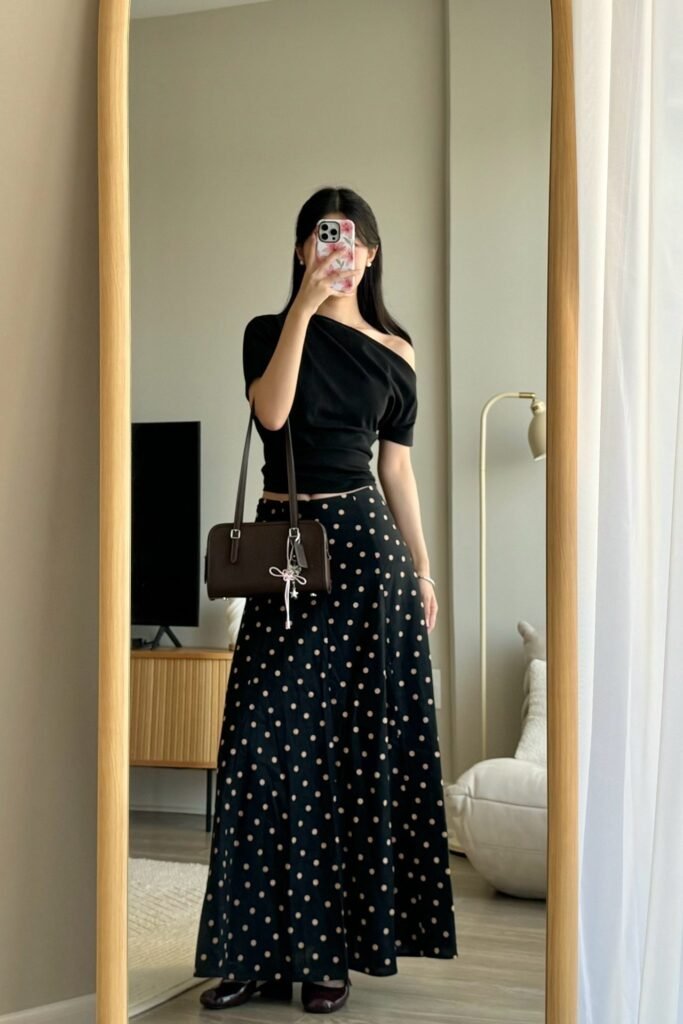 Black Off The Shoulder Top + Black Polka Dot Maxi Skirt + Dark Brown Leather Flats