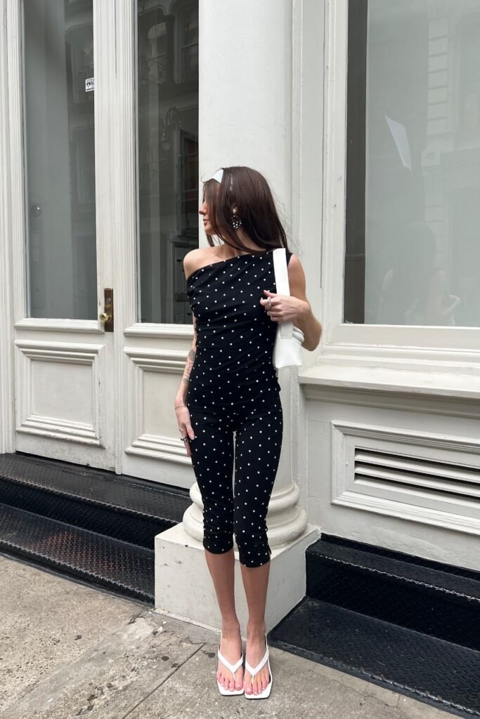 Black One Shoulder Polka Dot Top + Matching Polka Dot Capri Pants + White Shoulder Bag + White Square Toe Sandals
