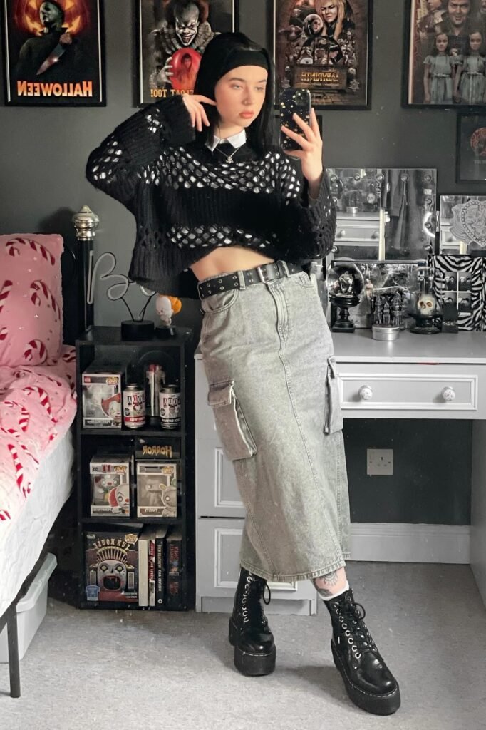 Black Open Knit Cropped Sweater + Collared Shirt Layer + Grey Denim Cargo Maxi Skirt + Black Platform Boots
