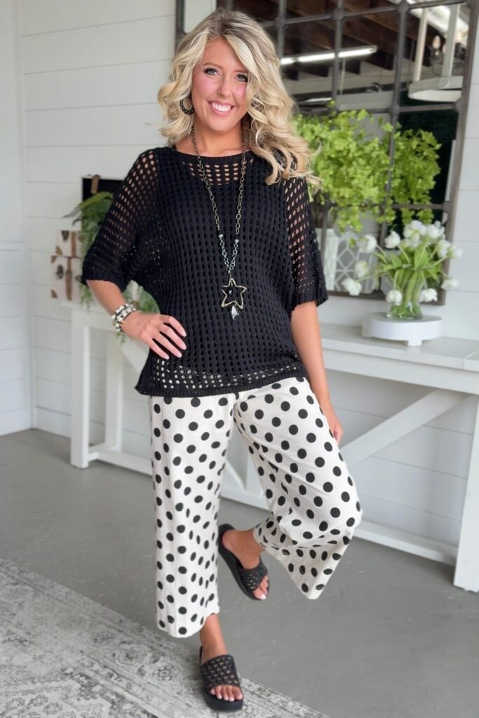 Black Open Knit Oversized Top + White Relaxed Polka Dot Pants + Black Platform Slides