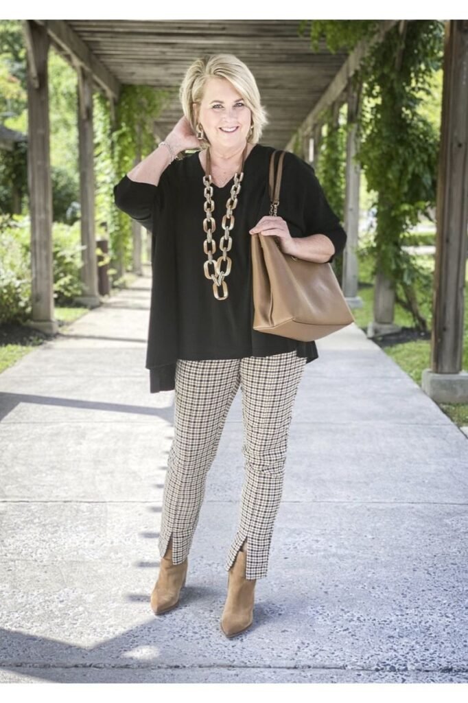 Black Oversized Tunic + Gingham Split Hem Pants + Tan Suede Boots