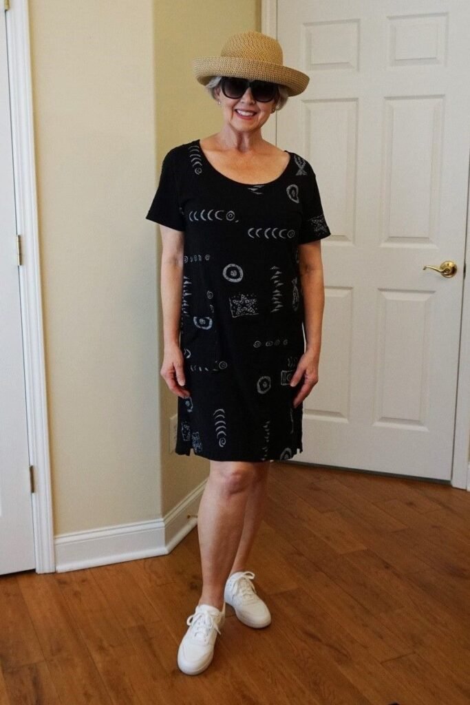Black Patterned Short Sleeve Shift Dress + Straw Fedora Hat + White Sneakers