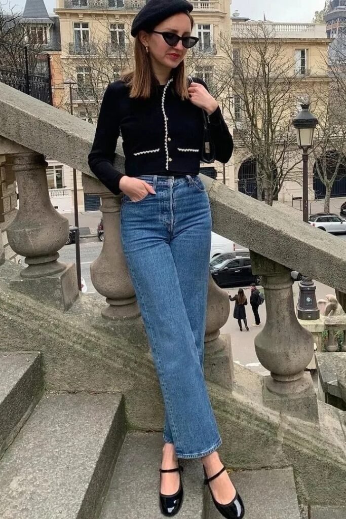 Black Pearl Trimmed Cardigan + Medium Wash Straight Leg Jeans + Black Mary Jane Flats