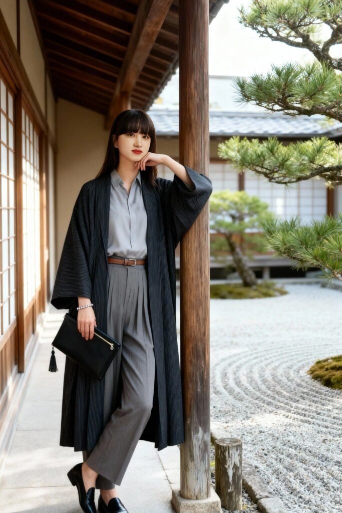 Black Pinstripe Kimono Cardigan + Grey Button Up Shirt + Grey Pleated Trousers + Black Loafers