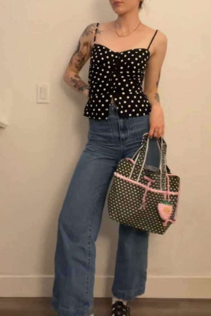 Black Polka Dot Corset Top + High Waisted Wide Leg Jeans + Polka Dot Tote Bag