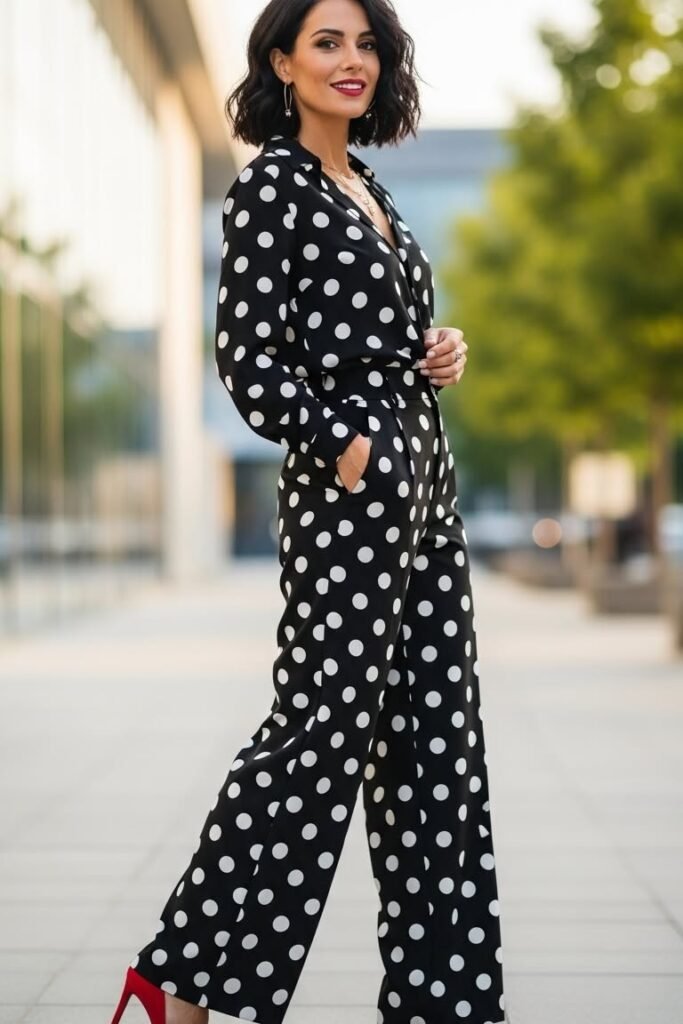Black Polka Dot Long Sleeve Jumpsuit + Red Pointed Toe Pumps