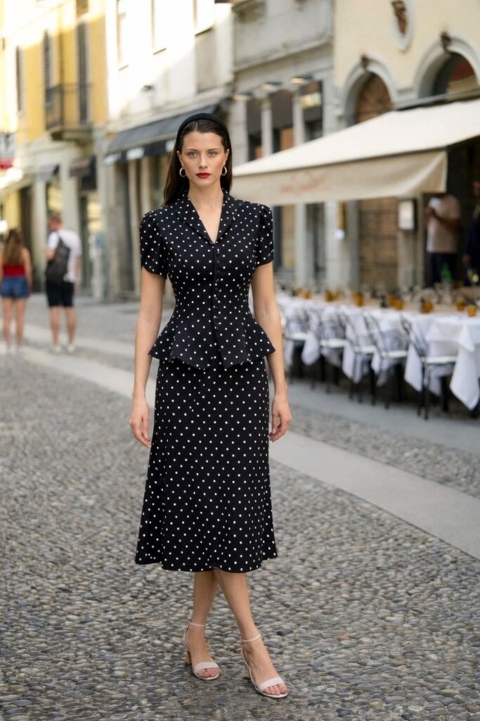 Black Polka Dot Peplum Top + Black Polka Dot Midi Skirt + Nude Ankle Strap Sandals