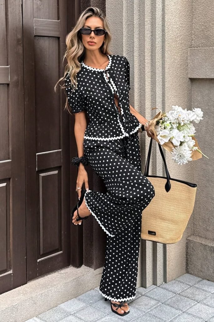 Black Polka Dot Peplum Top + Matching Wide Leg Trousers + Straw Tote Bag