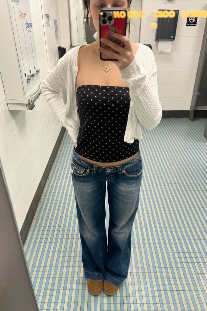 Black Polka Dot Tube Top + White Cable Knit Cardigan + Low Rise Jeans