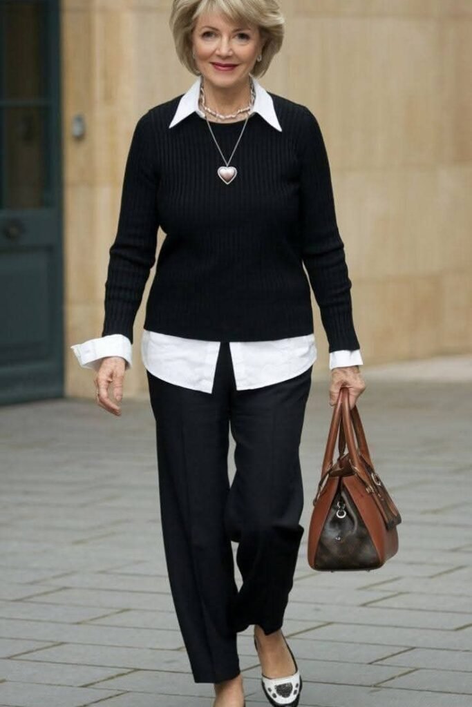 Black Ribbed Crewneck Sweater + White Layered Button Down Shirt + Black Relaxed Fit Trousers