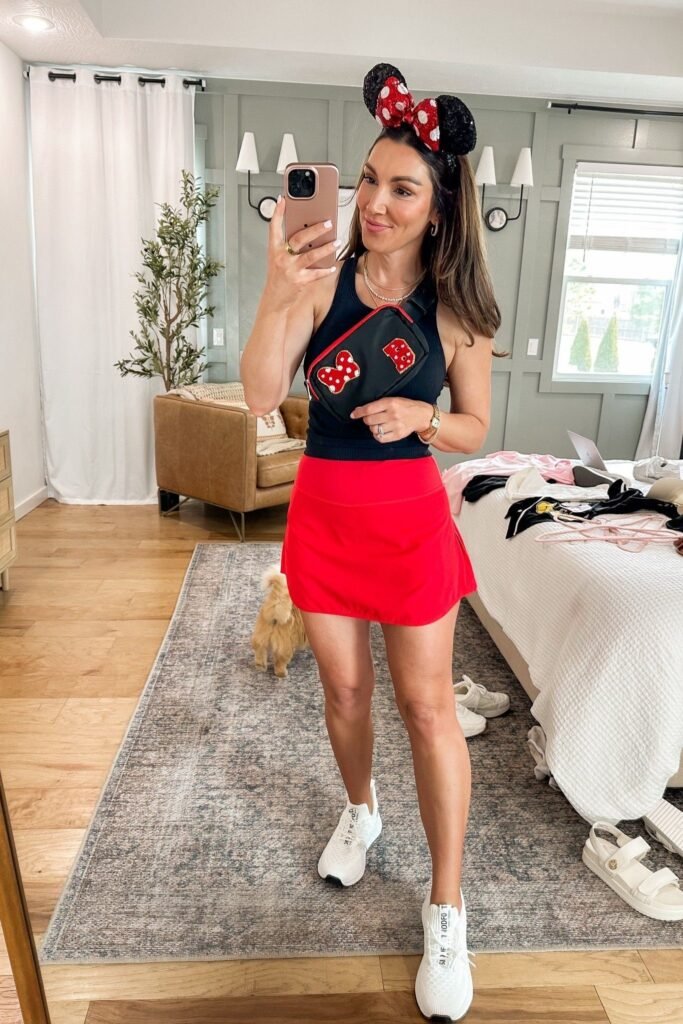 Black Ribbed Tank + Red Athletic Skirt + White Running Sneakers