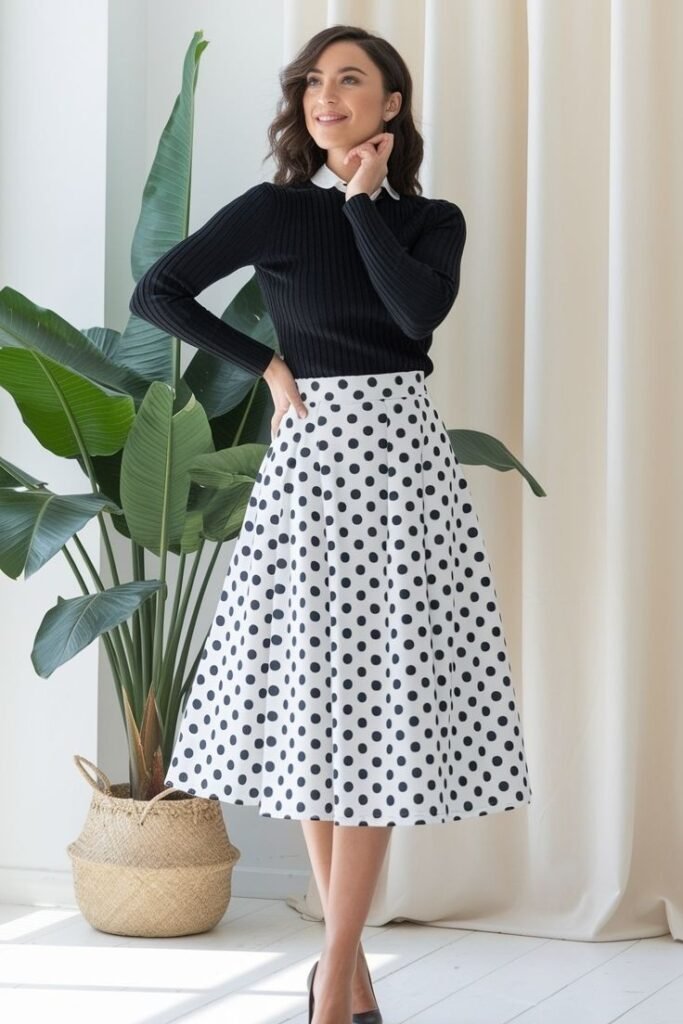 Black Ribbed Turtleneck + Polka Dot A-line Skirt + Black Pointed Heels