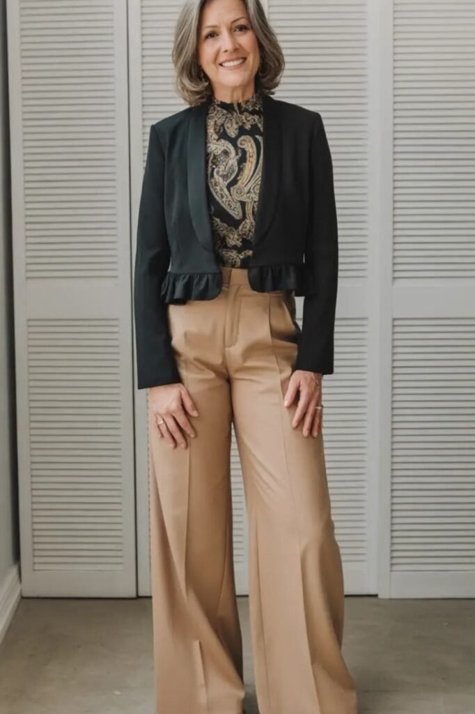 Black Ruffled Cropped Jacket + Paisley Print Blouse + Tan Wide Leg Trousers