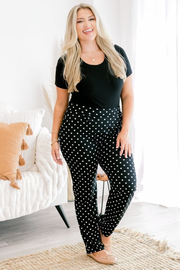 Black Scoop Neck T Shirt + Black Tapered Polka Dot Pants + Tan Ballet Flats